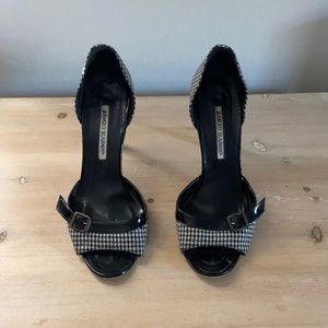 Manolo Blahnik black and white plaid 3.5”  heels.